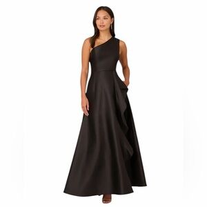 💫NWT Adrianna Papell Embellished One Shoulder Mikado Gown Black Formal Dress 8